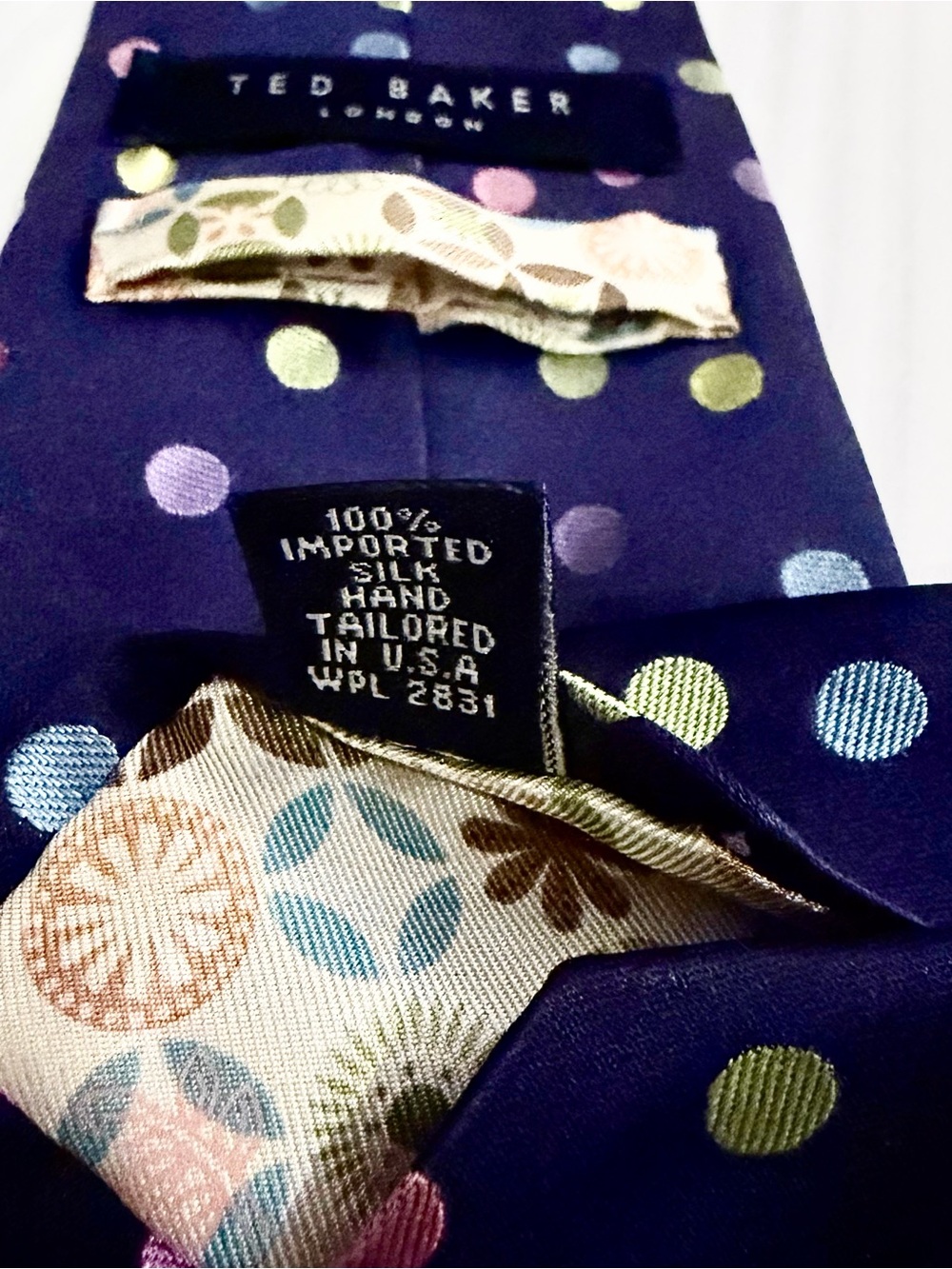 Ted Baker London 100% Silk Tie Navy Multicolor Polka Dot Hand Tailored USA - Picture 3 of 4